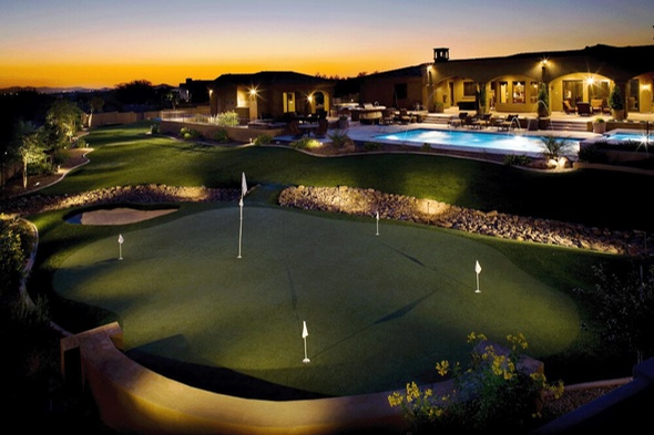 Southwest Greens of Metro New York artificial golf green with sand trap at luxury home